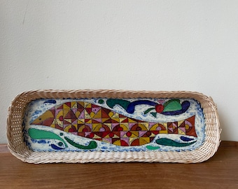 Vintage Artisan Painted Tray, Fish in Mid Centuru Modern Style, Wall Hanging