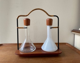 Danish Modern Teak + Glass Flask Cruet Set by ESA, Denmark, Mid Century Modern, Vintage