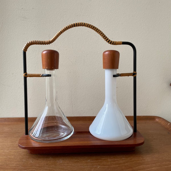 Danish Modern Teak + Glass Flask Cruet Set by ESA, Denmark, Mid Century Modern, Vintage