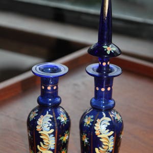 Vintage Bohemian Glass Perfume Bottle, Czech, Gilded, Hand Painted, Collectible, Cobalt Blue