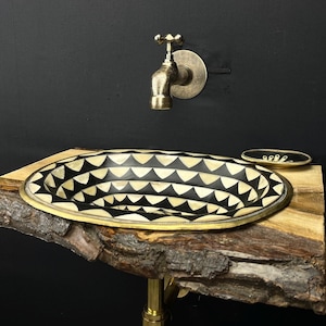 Exquisite moroccan brass oval sink with handcrafted brass faucet - luxury artisan handcrafted bone and resin masterpiece + free pop-up drain