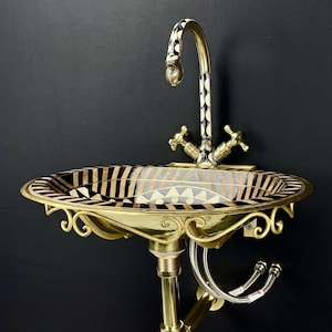 Vintage unlacquered brass bathroom sink faucet - aged brass with black resin & bone accents - wall-mounted sink faucet pack