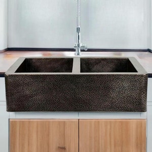 Farmhouse copper kitchen sink - antique hammered apron kitchen sink with dark finish - double sink copper farmhouse decor