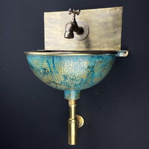 Handcrafted brass wall-mounted sink - artisan bathroom basin - blue patina brass basin with faucet for stylish interiors