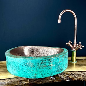 Hammered copper vessel sink with copper faucet - green patina basin - modern farmhouse bathroom set - rustic vanity bowl