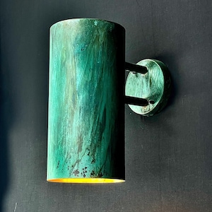 Modern copper wall sconce - oxidized green patina outdoor light fixture - handcrafted waterproof cylinder sconce - scandinavian porch light