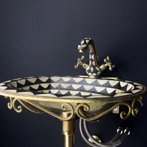 Vintage unlacquered brass bathroom sink faucet - aged brass with black resin & bone accents - wall-mounted sink faucet pack - free pop-up
