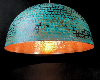 Turquoise patina copper pendant light - handmade kitchen island lighting - oxidized  dome lamp - blue patina lamp - rustic dome lamp