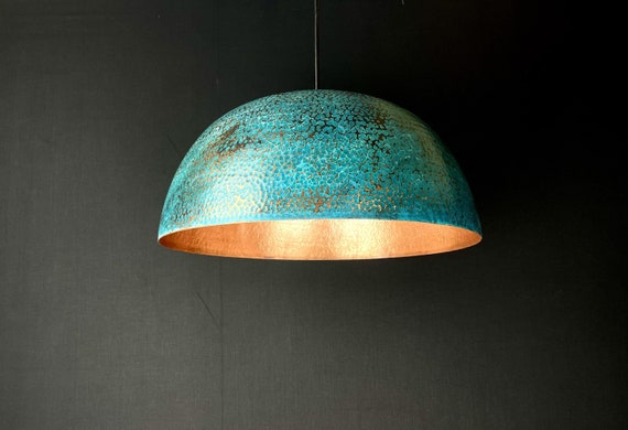 Vintage-style hand-hammered copper dome pendant light with blue patina - oxidized copper pendant light - pure copper ceiling light