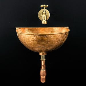 Pure copper wall-mounted sink - hammered copper sink faucet set for bathroom - handcrafted brass faucet - wall mounted outdoor garden sink