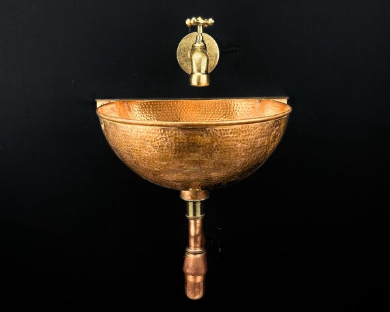 Pure copper wall-mounted sink - hammered copper sink faucet set for bathroom - handcrafted brass faucet - wall mounted outdoor garden sink