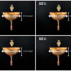 May include: Four copper bathroom sinks of different sizes with gold taps and wooden drainpipes. The sinks are labelled with their size and dimensions in inches and centimetres.