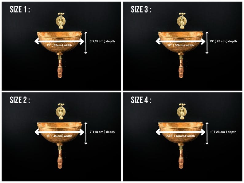 May include: Four copper bathroom sinks of different sizes with gold taps and wooden drainpipes. The sinks are labelled with their size and dimensions in inches and centimetres.