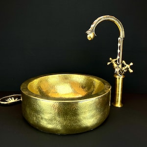 Artisanal hammered brass vessel sink with handcrafted brass faucet - luxury bathroom set (available in 14&quot;, 16&quot;, 18&quot; diameter)