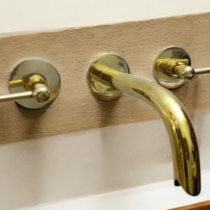 Unlacquered brass wall mount bathroom faucet - 8&quot; double lever handle faucet for bathroom - custom copper and bronze finishes available