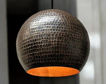 Hammered copper pendant light - handmade rustic kitchen island lighting - modern industrial dome lamp - warm copper hanging light