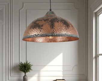 Turquoise patina copper pendant light - handmade kitchen island lighting - oxidized  dome lamp - blue patina lamp - rustic dome lamp