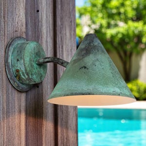 Verdigris patinated outdoor sconce - oxidized copper wall light - green patina sconce - rustic outdoor lighting fixture
