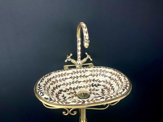 Vintage unlacquered brass bathroom sink faucet - aged brass with wood and bone accents - wall-mounted sink faucet pack - vanity sink
