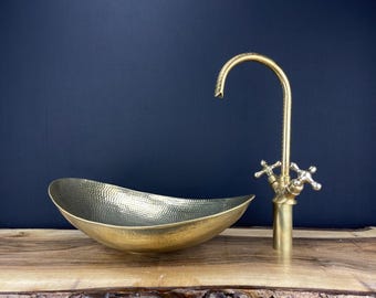 Lavandino ovale di lusso in ottone - lavabo da bagno in ottone non laccato con patina naturale - lavabo da appoggio in ottone - set di rubinetti per lavabo in ottone