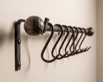 Handmade Copper Pot Rack Wall Mounted with Hooks | Solid Copper Kitchen Rail | Rustic Hanging Pan Rack | Vintage Kitchen Storage