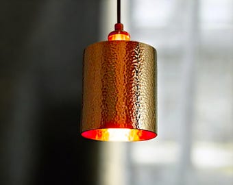 Hammered copper pendant light - modern farmhouse kitchen island lighting - handcrafted cylinder lamp - copper ceiling light