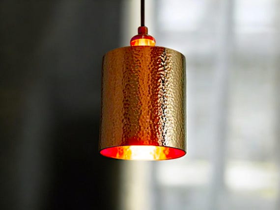 Hammered copper pendant light - modern farmhouse kitchen island lighting - handcrafted cylinder lamp - copper ceiling light