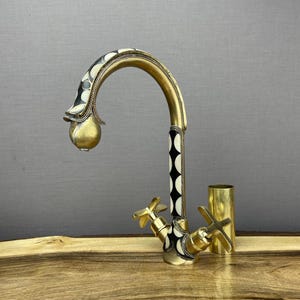 Vintage unlacquered brass faucet for bathrooms - solid brass sink faucet with resin and bone accents - unique bathroom faucet
