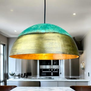 Premium brass dome pendant light - hand-patinated dome chandelier - green patina dome light for island kitchen - dining table light fixture