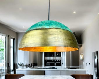 Premium brass dome pendant light - hand-patinated dome chandelier - green patina dome light for island kitchen - dining table light fixture