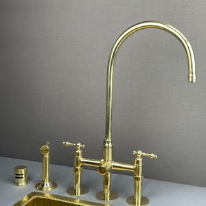Luxury unlacquered brass 3-hole bridge kitchen faucet with side sprayer and air gap – 8&quot; spread solid brass vintage kitchen faucet