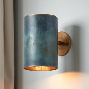Handmade patina brass wall sconce – modern rustic cylinder light – indoor outdoor brass wall lamp with aged blue green copper finish