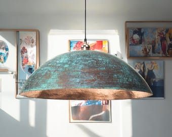 Vintage blue patina copper dome pendant light - oxidized copper pendant light - pure copper ceiling light - modern chandelier