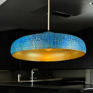 Artisanal blue patina brass pendant light - industrial light modern brass lamp minimalist patina - modern kitchen island lights