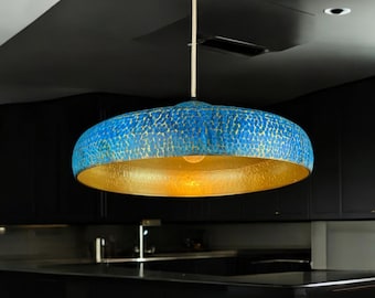 Artisanal blue patina brass pendant light - industrial light modern brass lamp minimalist patina - modern kitchen island lights
