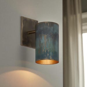 Handmade rustic patina copper wall sconce – industrial minimalist cylinder light for indoor outdoor architectural wall lighting