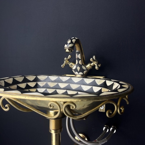 Vintage unlacquered brass bathroom sink faucet - aged brass with black resin & bone accents - wall-mounted sink faucet pack - free pop-up