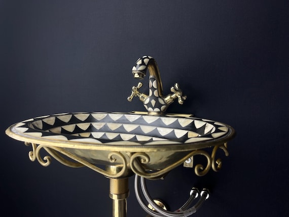 Vintage unlacquered brass bathroom sink faucet - aged brass with black resin & bone accents - wall-mounted sink faucet pack - free pop-up