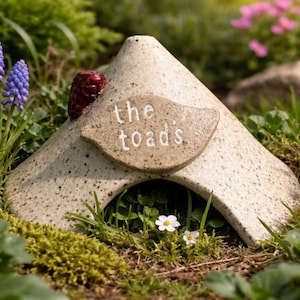 May include: A speckled, beige toad house with a rounded roof and an arched entrance. A small, leaf-shaped plaque reads "the toads." A dark red, textured object sits on top. The house is surrounded by green grass, moss, and small white flowers.