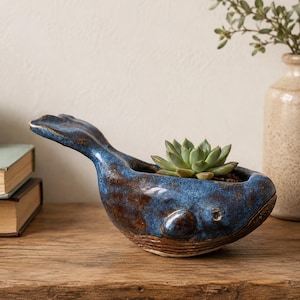 Handmade Blue Whale Ceramic Planter, Ocean-Inspired Pottery, Coastal Shelf Decor