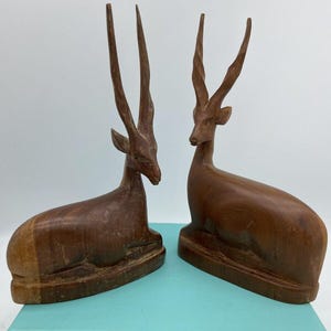 Vintage Wooden Hand-Carved Seated Antelope/Deer Decor Mid Century Retro