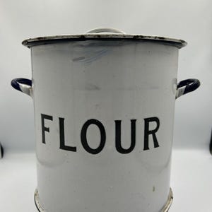 Vintage Enamel Flour Storage Canister | Metal White Kitchen Bin | Rustic Country Farmhouse