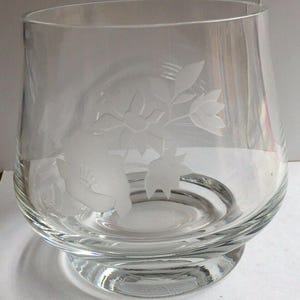 Vintage Caithness Glass Footed Bowl / Vase | Etched Flower with Leaves Motif |  Signed JM (John MacDonald) | Hand Blown in Scotland