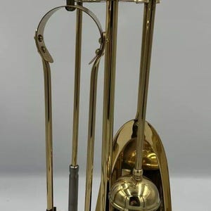 Vintage 5-Piece Fireside / Companion Set | Quality Brass  | Brush Poker Tong Pan & Stand