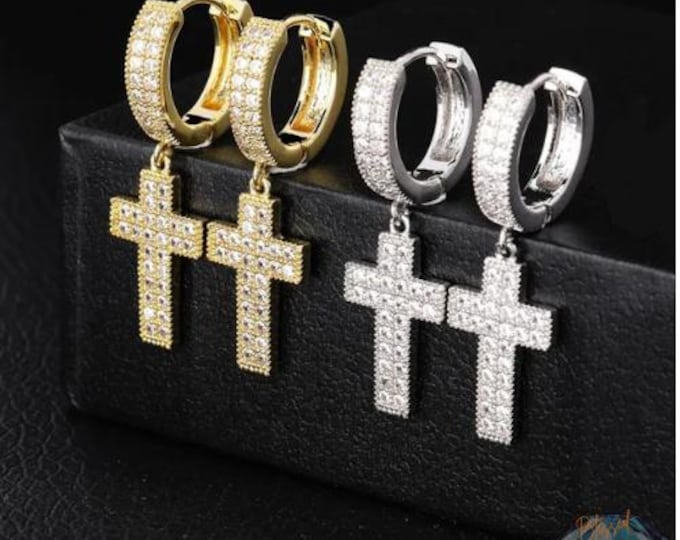 Cubic Zirconia Cross Earrings – Bling Iced Out Gold and Silver Hip Hop Earrings for Men & Women