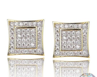 Mens 925 Sterling Silver Square Stud Earrings – 11mm Big Bling CZ Hip Hop Style, Push Back Closure, Iced Out Gift For Men