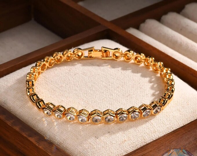 Hexagon Bezel CZ Tennis Bracelet Gold Women – 14K Plated Cubic Zirconia Dainty Stack Bracelet | Gift for Her | Birthday Valentine Bridal