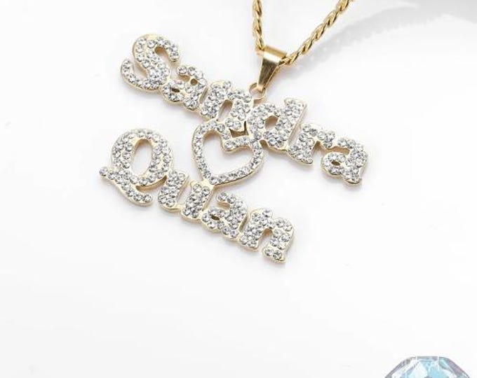Custom Iced Out Thick Chain Nameplate Necklace - Double Name Cubic Zirconia Love Heart Choker Pendant 