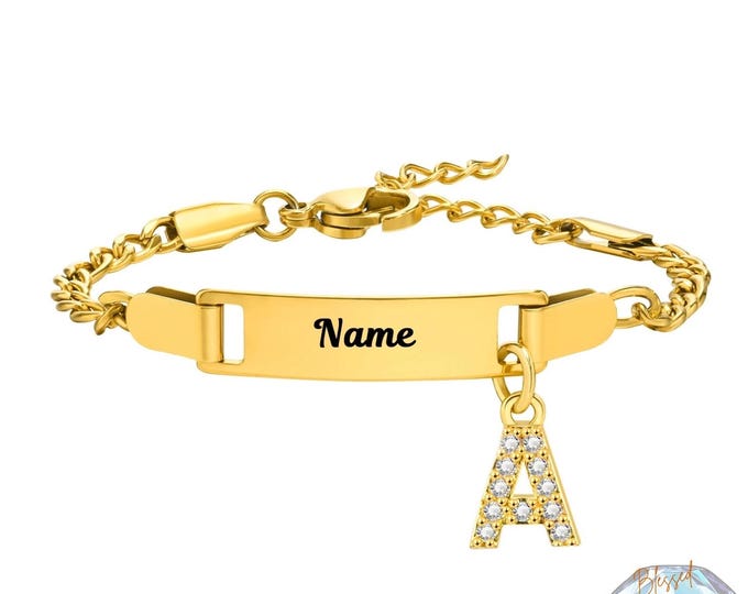 CZ Initial Letter ID Bar Bracelet Gold Stainless Steel Women – Personalized Initial Charm Bracelet | Gift for Her Birthday Valentine