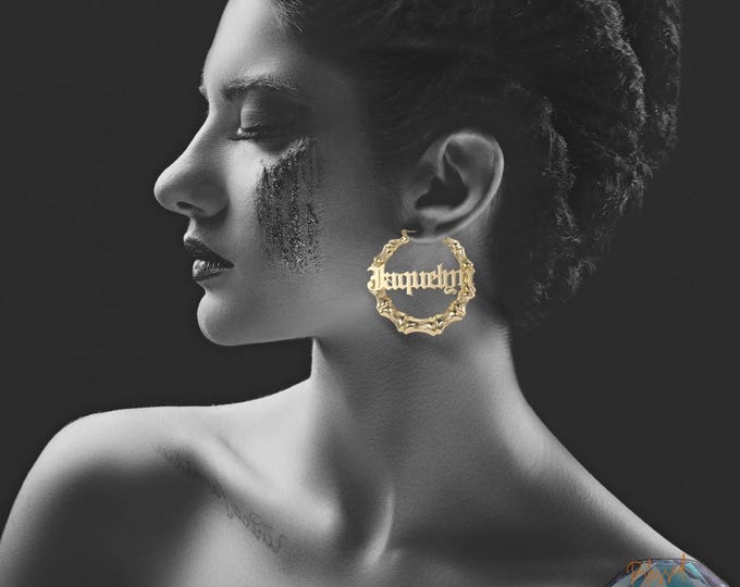 Custom Name Bamboo Hoop Earrings Personalized Gold Silver Rose Gold Stainless Steel Statement Earrings